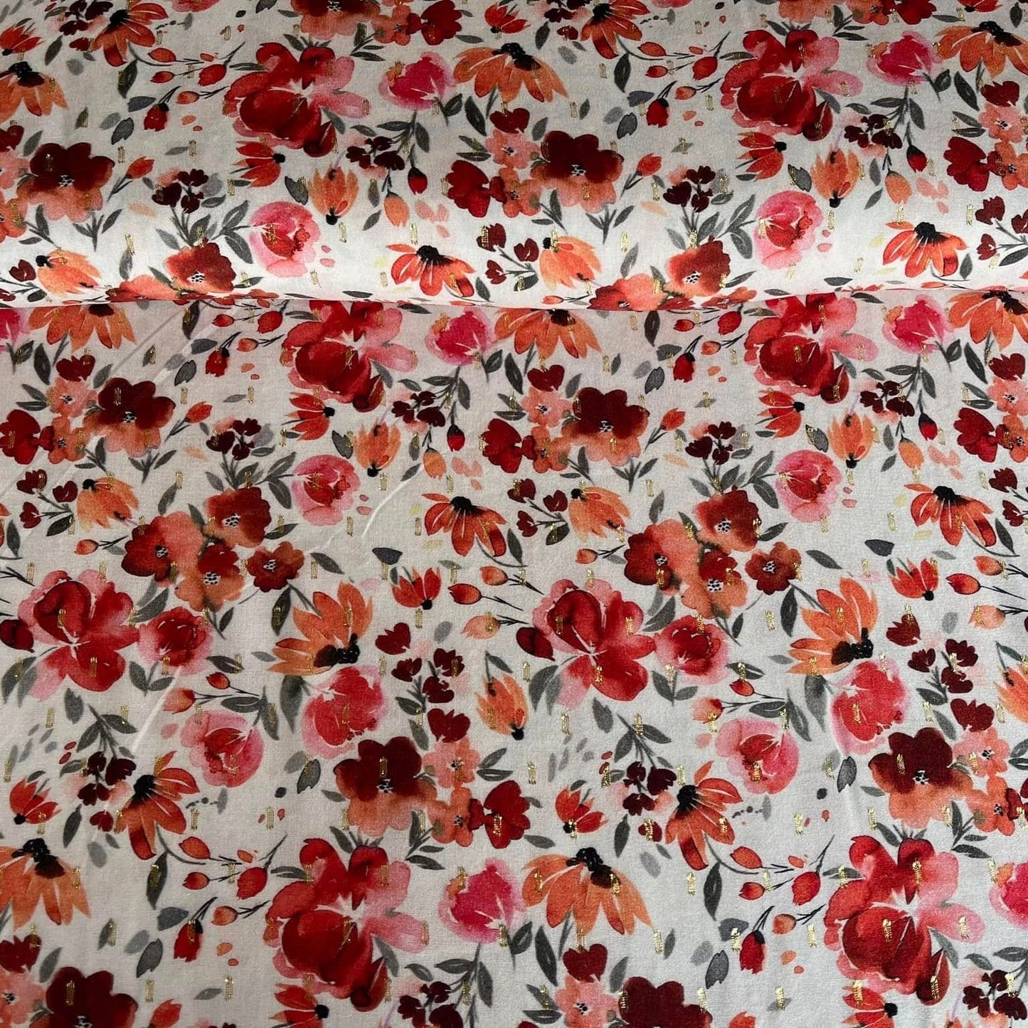 Viscose lurex - Fleurs rouges fond blanc
