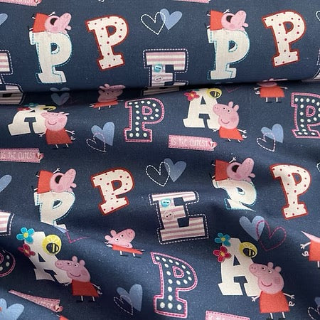Cretonne de coton Peppa pig et lettres bleu