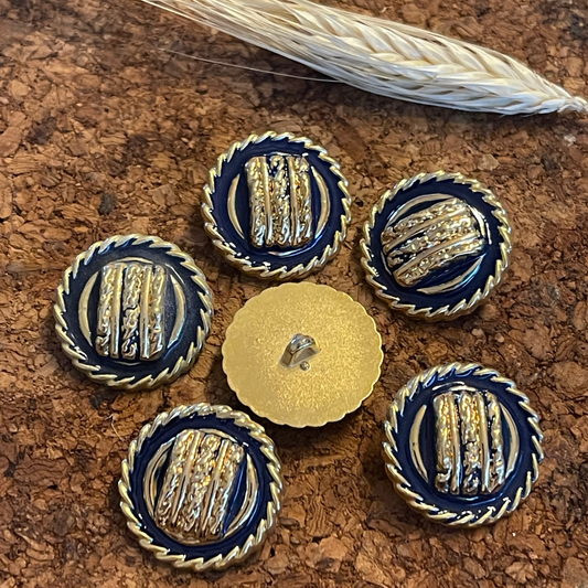 Bouton rond métal or et bleu effet corde 23mm
