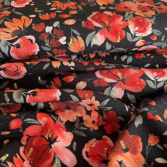 Viscose lurex - Fleurs rouges fond noir