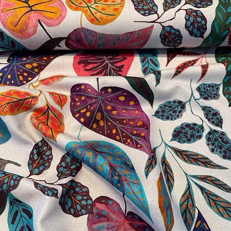 Toile de coton Canevas imprimé tropical fleuri fond blanc