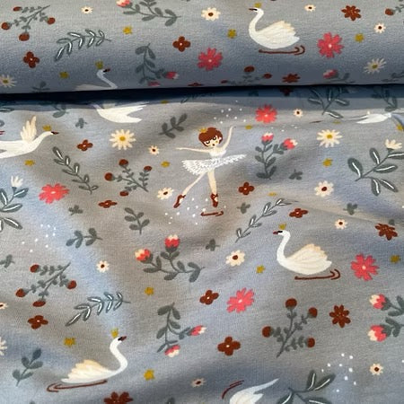 Jersey de coton molletonné - Danse des cygnes - fond bleu