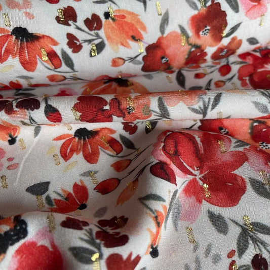 Viscose lurex - Fleurs rouges fond blanc