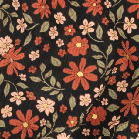 Velours milleraies  POPPY - fleurs fond noir