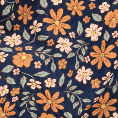 Velours milleraies  POPPY - fleurs fond bleu marine