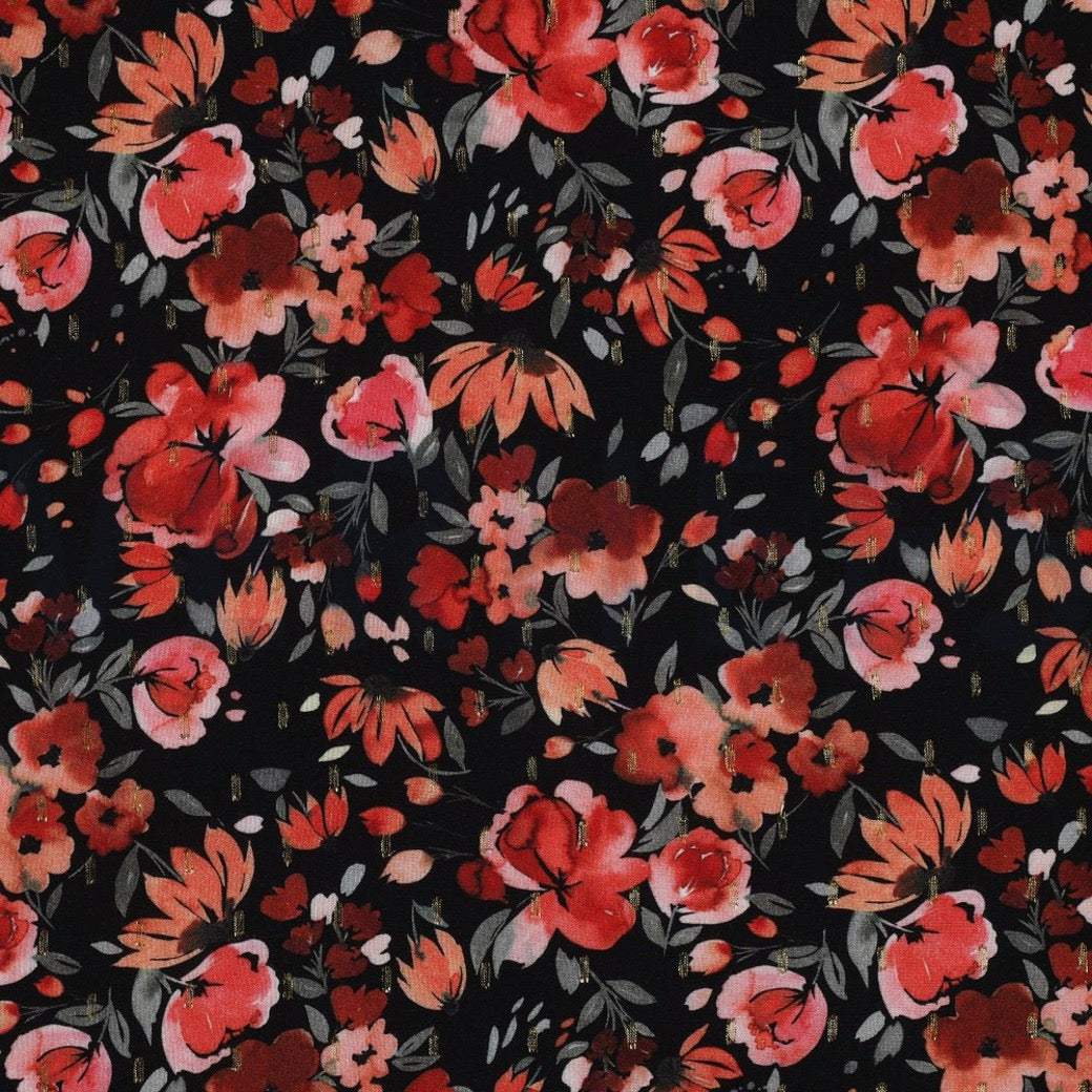 Viscose lurex - Fleurs rouges fond noir